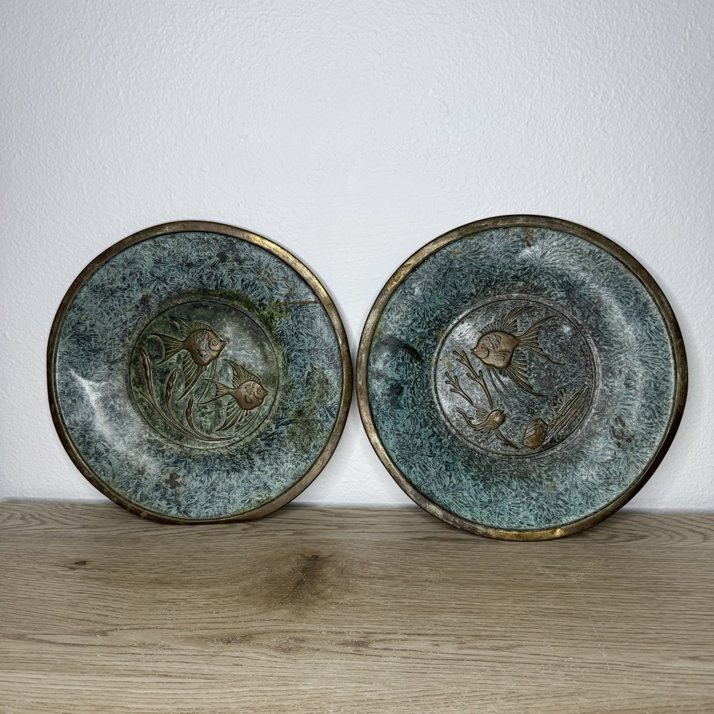 Florentine Fish Oxidized Patina Brass Wall Plate Lot of 2 England Aquatic‎ Beach